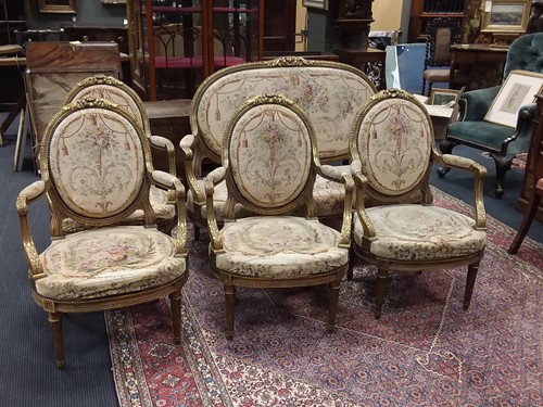 Lot 459 - A French Louis XVI style giltwood and tapestry...