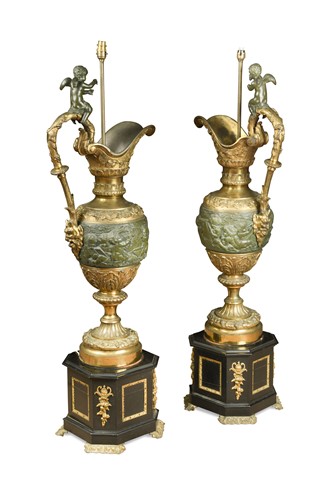 Lot 388 - A Magnificent large pair of parcel gilt bronze neo-classical ewers, 19th century