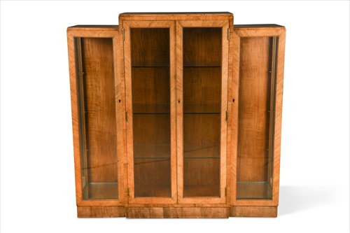 Lot 201 - An Art Deco walnut breakfront display cabinet