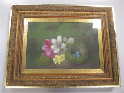 Lot 352 - G Crisp, still life of birds nest with eggs, oil on board