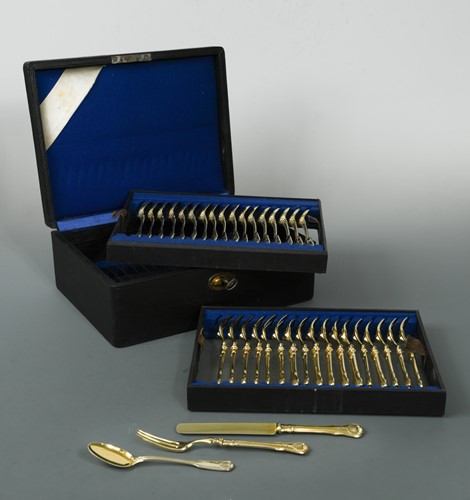 Lot 377 - A canteen containing a 54 piece set of German silver gilt metalwares dessert cutlery and flatware