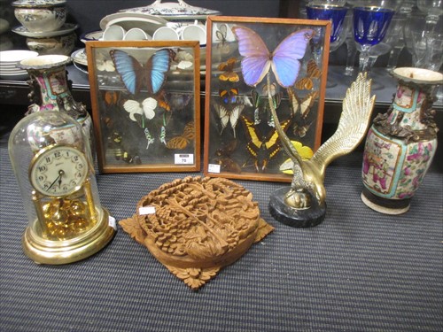 Lot 70 - Two framed sets of butterflies, a small pair of Canton vases and other items