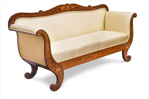 Lot 368 - A Continental satinwood marquetry, scroll end settee, late 19th century