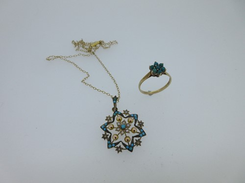 Lot 74 - An antique turquoise and seed pearl pendant together with a cluster ring