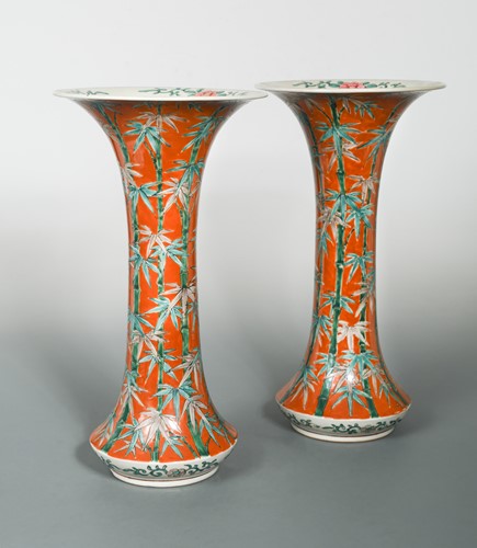 Lot 163 - A pair of Japanese porcelain trumpet vases, circa 1910