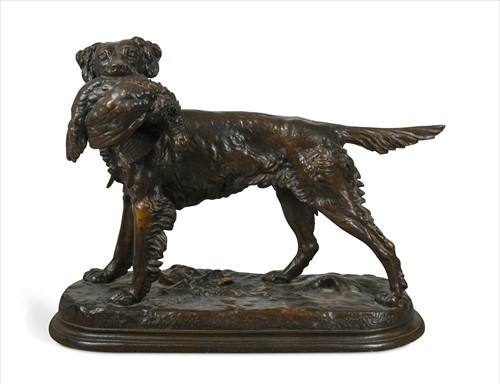 Lot 373 - After J Moigniez, a bronzed spelter setter with partridge in its jaw, early 20th century