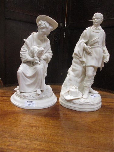 Lot 99 - A Worcester parian figure of a girl with a cat, and another of a cavalier