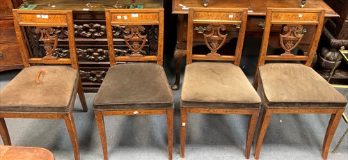 Lot 619 - A set of four Dutch floral marquetry dining...