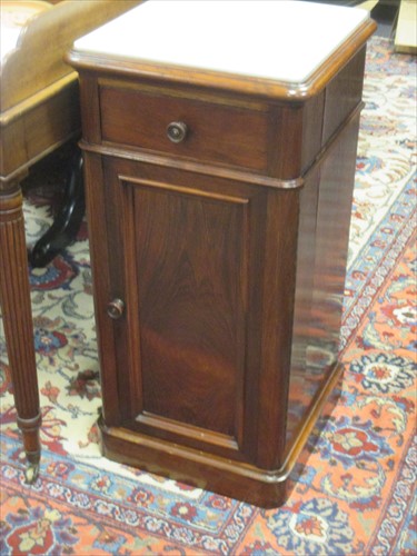 Lot 475 - A pair of 19th century rosewood bedsides with white marble inset tops.