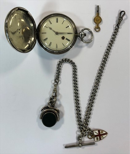 Lot 271 - Robert Jones, Ruthin, - A George IV silver full hunter pocket watch with attached Albert chain
