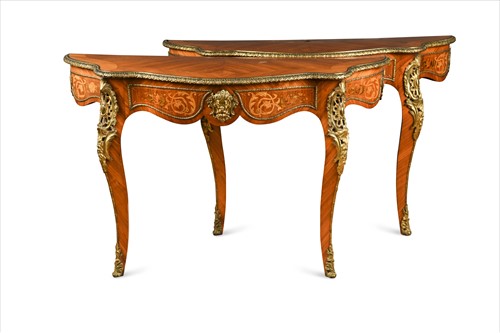 Lot 402 - A pair of kingwood and marquetry ormolu mounted side tables, mid 19th century