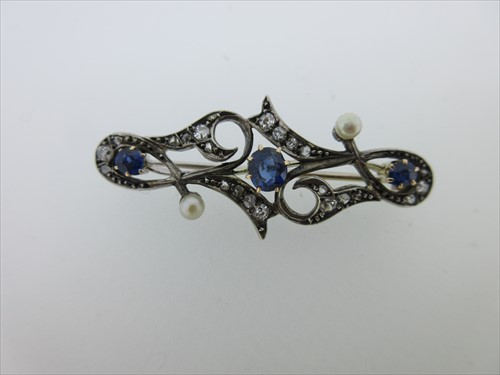 Lot 235 - A late 19th century sapphire, diamond and pearl brooch