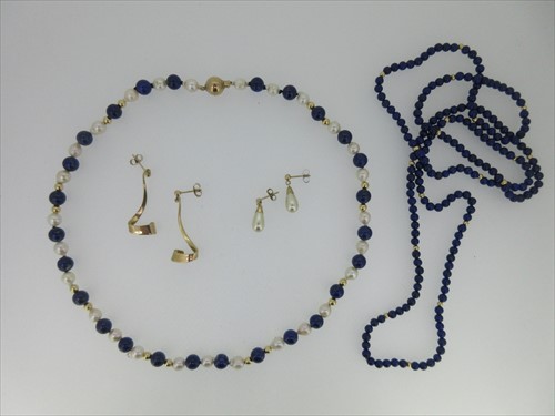 Lot 131 - A collection of lapis lazuli, cultured pearl and gold jewellery