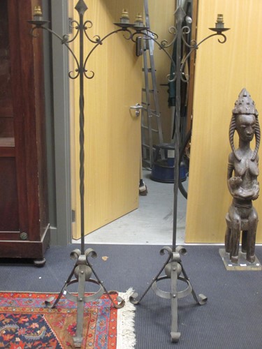 Lot 510 - Pair of wrought iron standard lamps on tripod...