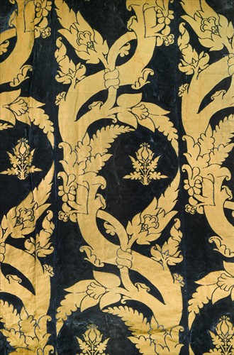 Lot 327 - A pair of gold embroidered blue plush velvet curtains