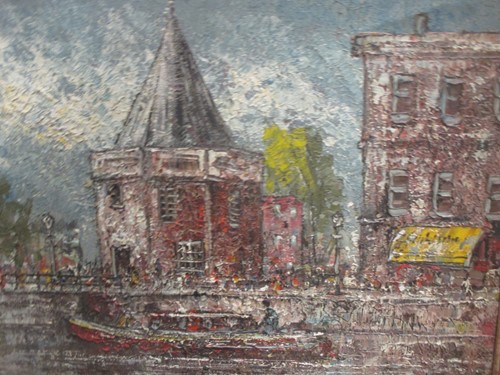Lot 205 - French School, Townscape with a canal, oil on...