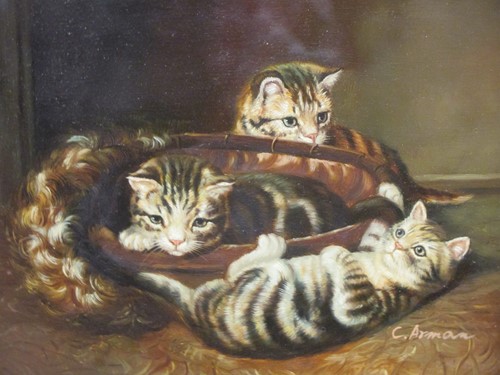 Lot 269 - C. Arman, three kittens in a basket, oil on...