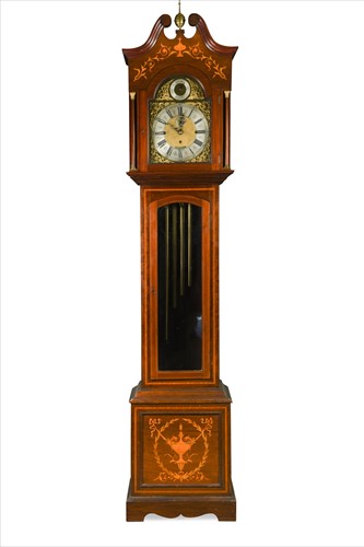 Lot 267 - An Edwardian mahogany and urn marquetry tubular chiming longcase clock