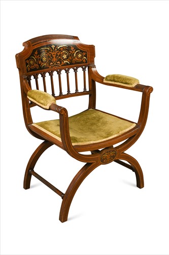 Lot 355 - A late Victorian mahogany and inlaid X framed arm chair