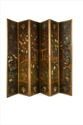 Lot 296 - A six fold chinoiserie painted leather screen, mid 19th century
