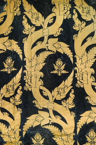 Lot 328 - A pair of gold embroidered blue plush velvet curtains