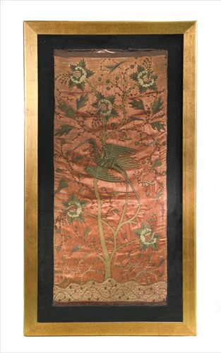 Lot 428 - A pair of Indian silk and gold thread panels, late 19th century