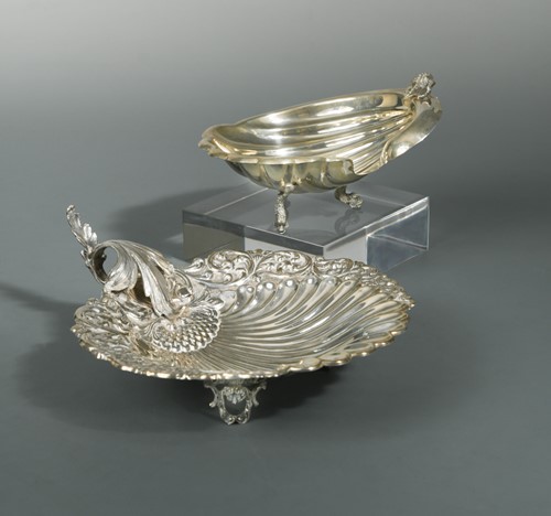 Lot 387 - Two Greek metalwares shell shaped dishes