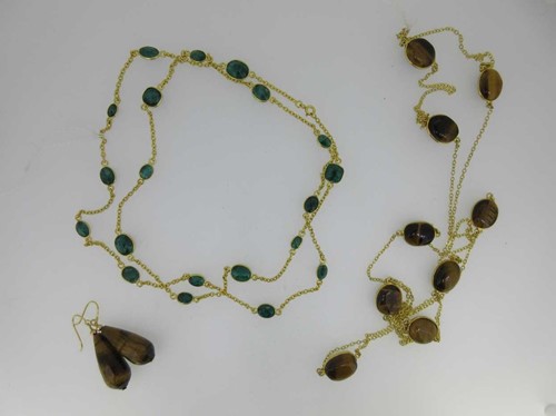 Lot 56 - A green hardstone set chain necklace and a similar tiger's eye necklace with matched ear pendants