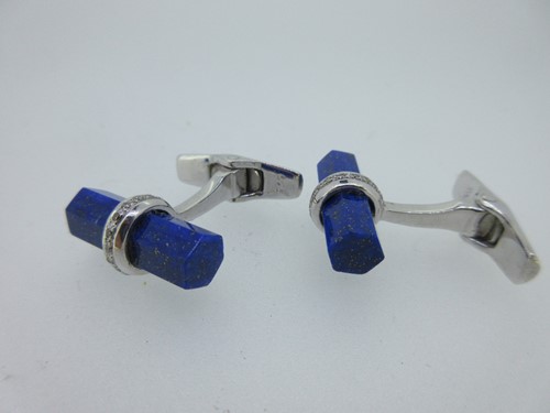 Lot 18 - A pair of lapis lazuli and diamond cufflinks