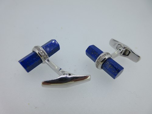 Lot 18 - A pair of lapis lazuli and diamond cufflinks