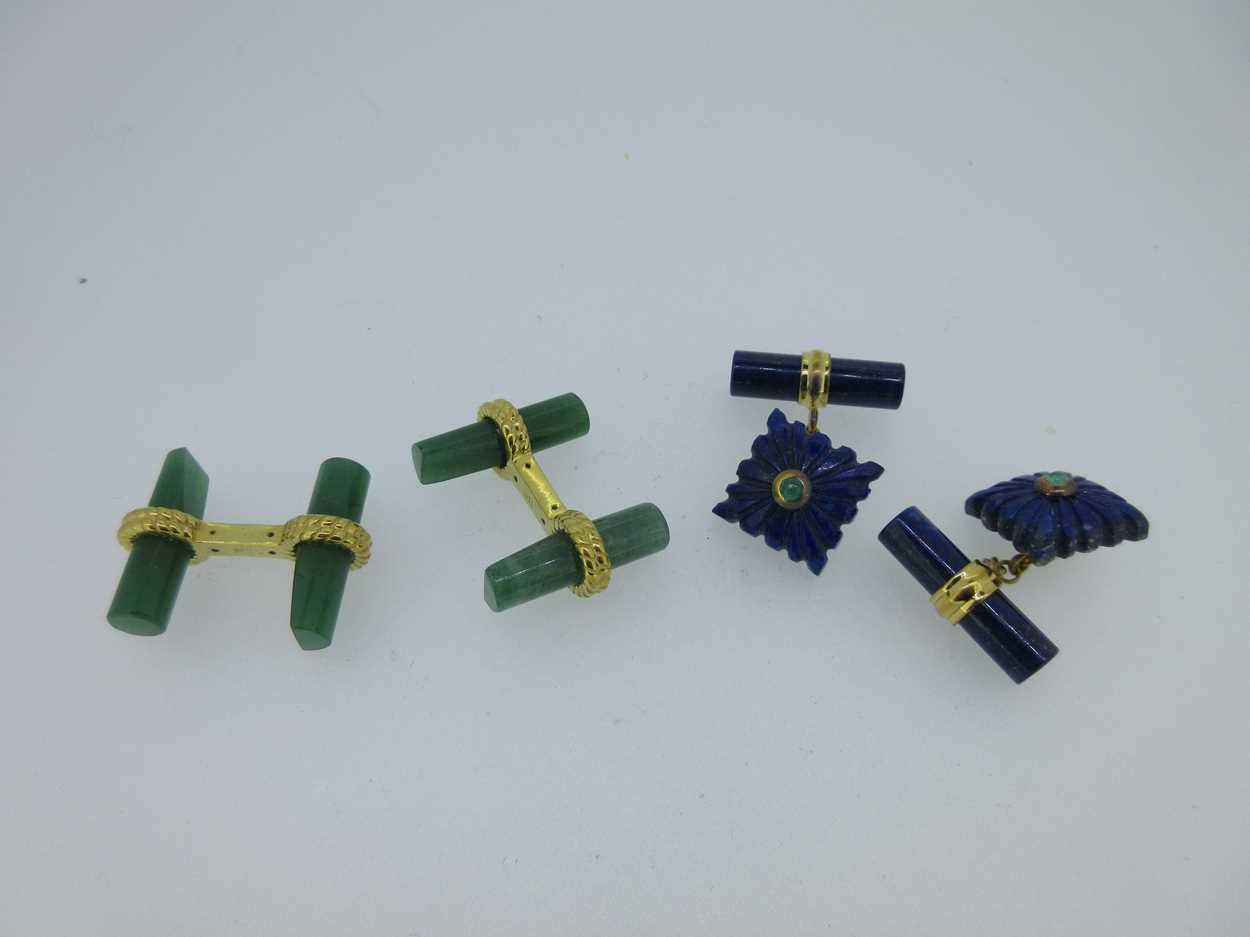Lot 58 - A pair of lapis lazuli and emerald cufflinks together with a pair of aventurine baton cufflinks