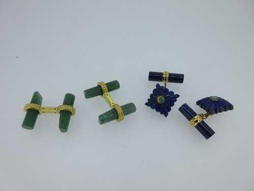 Lot 58 - A pair of lapis lazuli and emerald cufflinks together with a pair of aventurine baton cufflinks