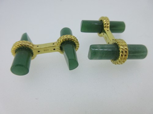 Lot 58 - A pair of lapis lazuli and emerald cufflinks together with a pair of aventurine baton cufflinks