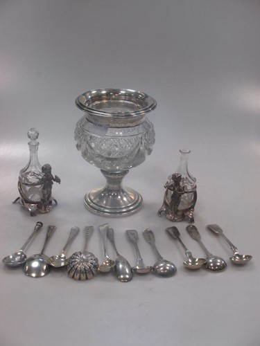 Lot 214 - A cut glass sugar bowl with a collection of mainly silver spoons and a vinaigrette