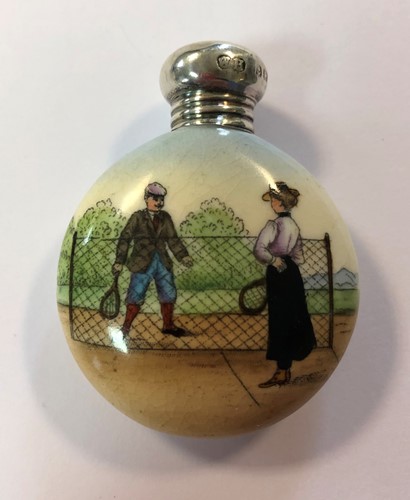 Lot 327 - An Edward VII ceramic painted scent bottle with silver cover