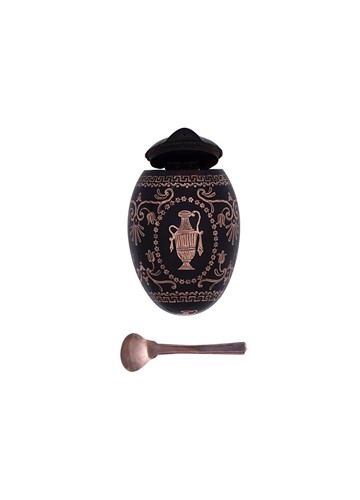 Lot 357 - A pique tortoiseshell and rose coloured metal egg shaped snuff box and spoon