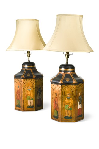 Lot 572 - A pair of tole ware tea cannister table lamps and shades, modern
