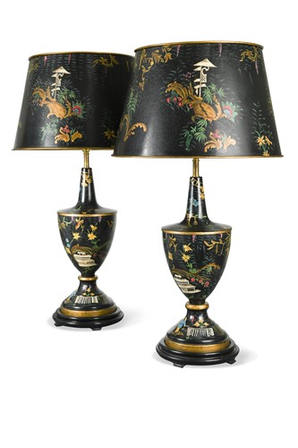 Lot 510 - A pair of toleware table lamps and matching shades, modern