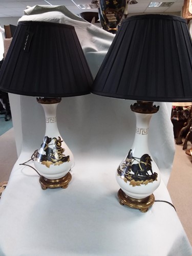 Lot 584 - A pair of enamelled table lamps with black silk shades, modern