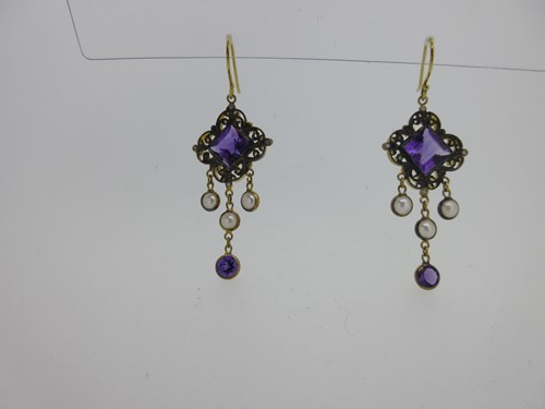 Lot 172 - A pair of amethyst, cultured pearl and diamond ear pendants