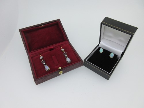 Lot 155 - A pair of moonstone and diamond earpendants together with a pair of opal earstuds