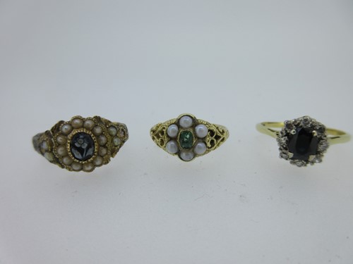 Lot 52 - Two antique rings and a classic sapphire and diamond cluster ring