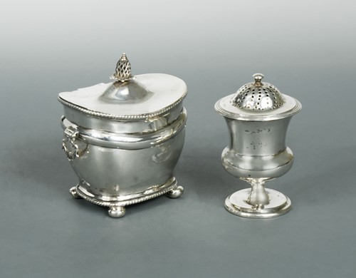 Lot 410 - A George IV silver caster, together with an Edward VII silver tea caddy