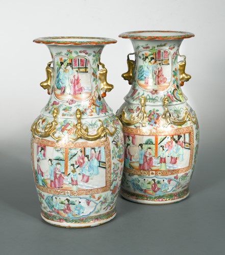 Lot 98 - A pair of Chinese Canton porcelain baluster vases, late Qing Dynasty, circa 1900