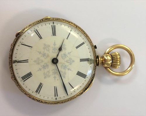 Lot 291 - Unsigned - A lady's Swiss 18ct open-faced pocket watch retailed by Gill & Son of Aberdeen