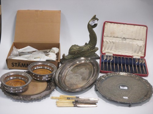 Lot 159 - Various silver plated items, a brass dolphin...