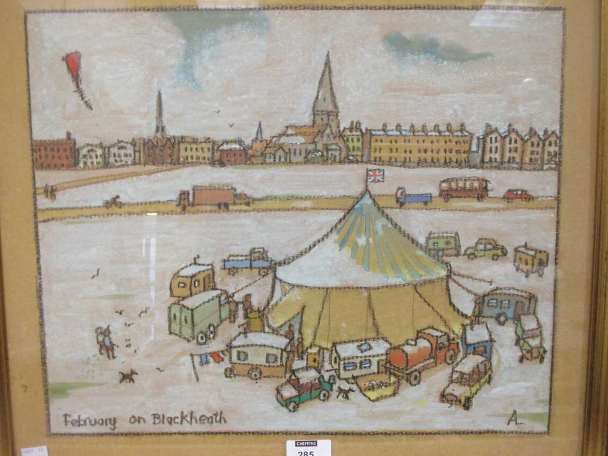 Lot 285 - Tony Lord, Blackheath fair scene, pastel...