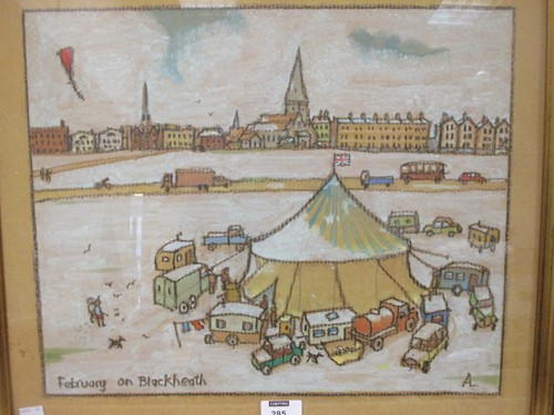 Lot 285 - Tony Lord, Blackheath fair scene, pastel...