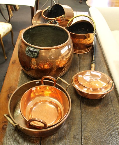 Lot 105 - Two Victorian copper twin handles jam pans and...