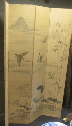 Lot 307 - A large painted fabric screen decorated with...